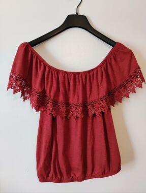 paper tee Off-Shoulder Crochet Trim Crop Top - Burnt Orange